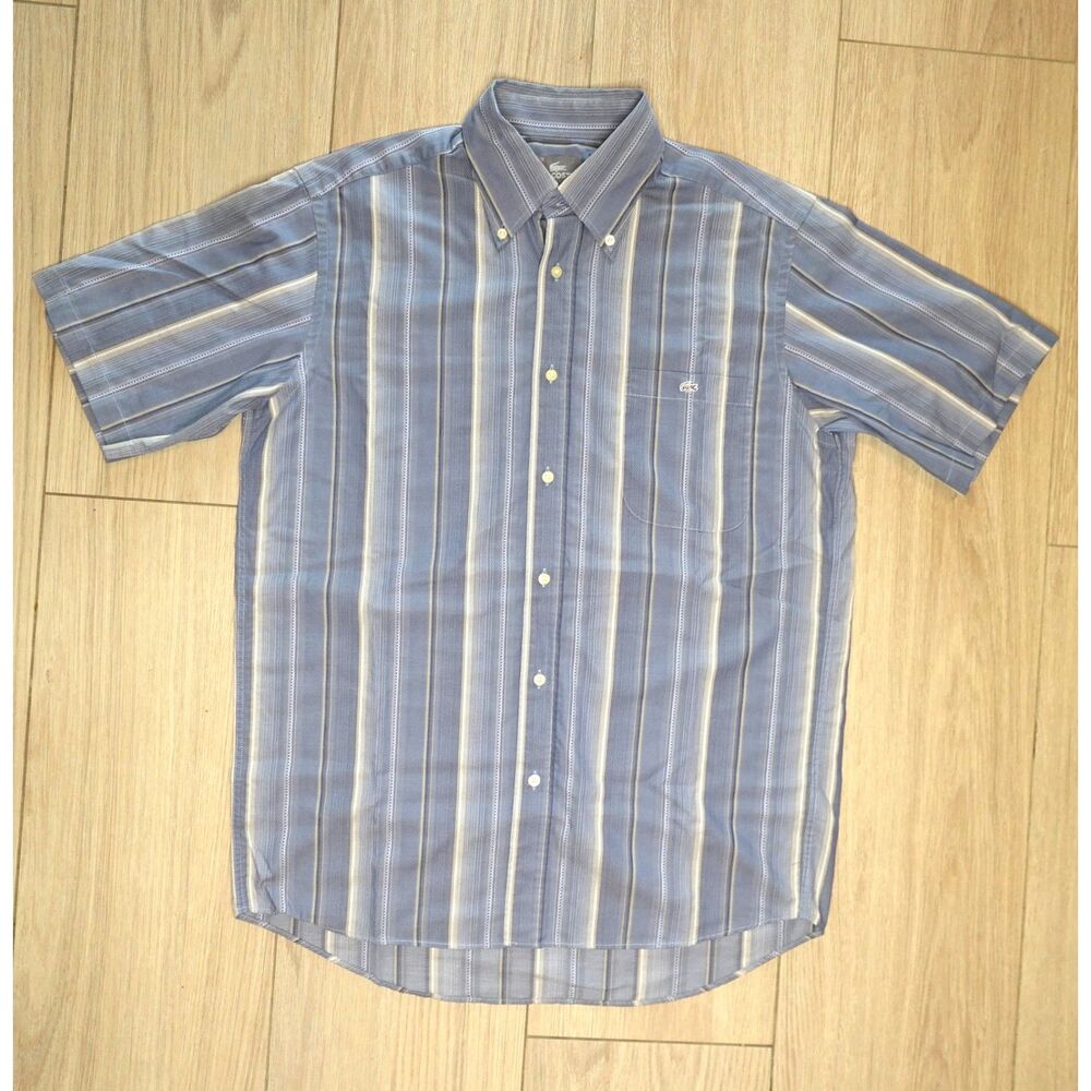 VTG 90s Lacoste Devanlay Men Short Sleeve Striped Button Down Shirt Sz 40 (M)